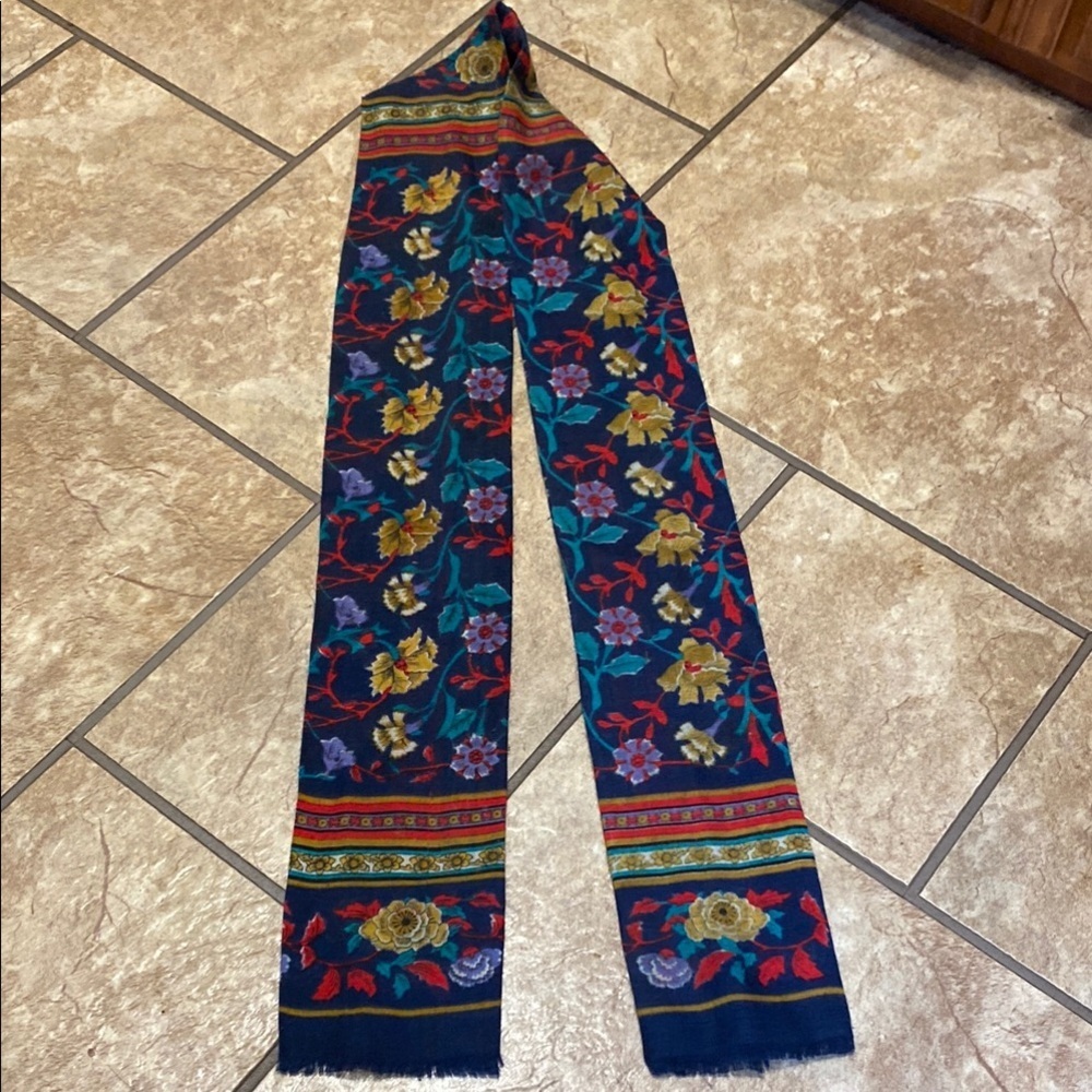 Vintage Red, Blue, Tan Scarf with Decorative Trim Fall Winter